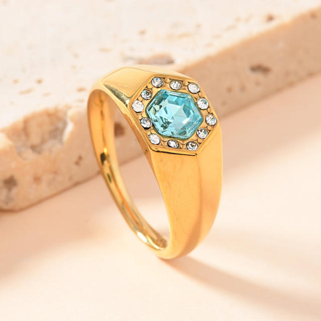 Simple stainless steel ring hexagonal inlaid diamond rings