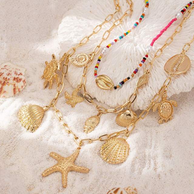 Boho three layer ocean series alloy charm necklace set