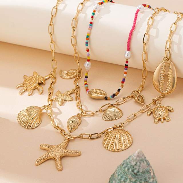 Boho three layer ocean series alloy charm necklace set