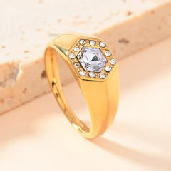 Simple stainless steel ring hexagonal inlaid diamond rings