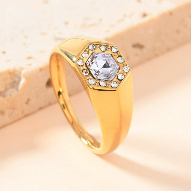 Simple stainless steel ring hexagonal inlaid diamond rings