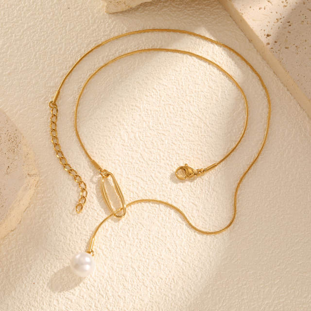 Hollow out geometric imitation pearl pendant lariat necklace stainless steel necklace