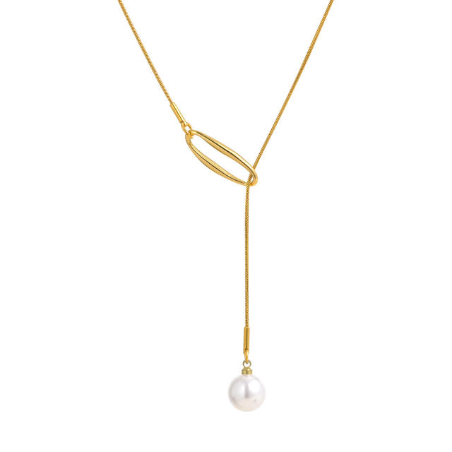 Hollow out geometric imitation pearl pendant lariat necklace stainless steel necklace