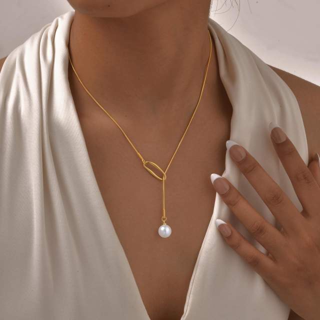 Hollow out geometric imitation pearl pendant lariat necklace stainless steel necklace