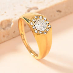 Simple stainless steel ring hexagonal inlaid diamond rings