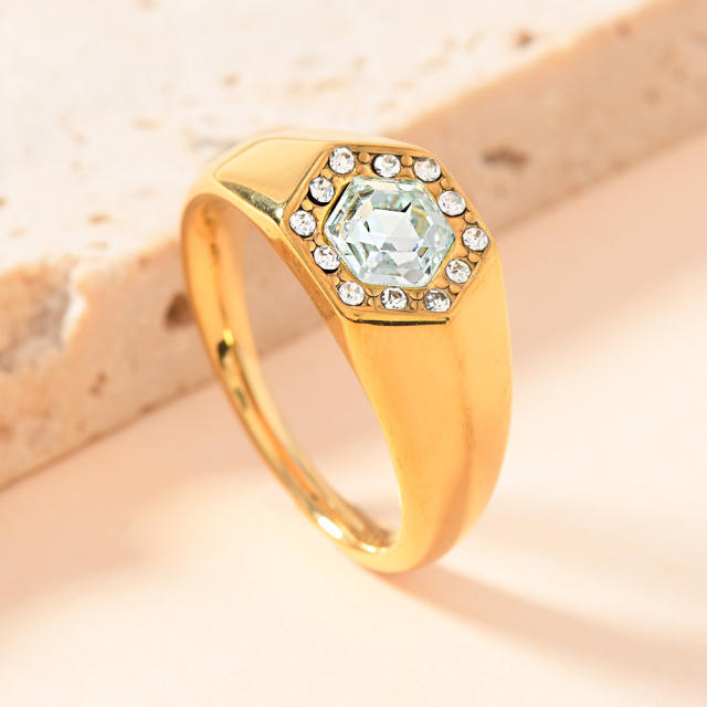 Simple stainless steel ring hexagonal inlaid diamond rings