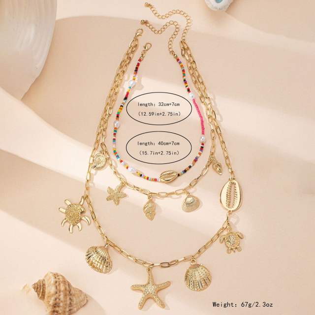 Boho three layer ocean series alloy charm necklace set