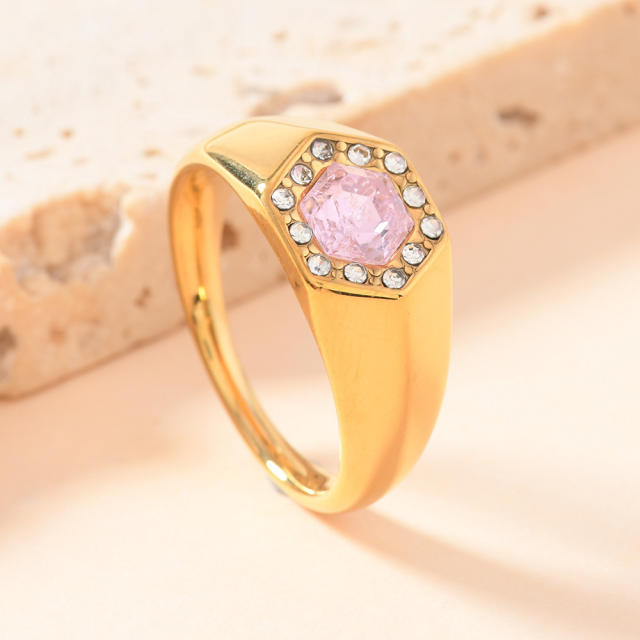 Simple stainless steel ring hexagonal inlaid diamond rings