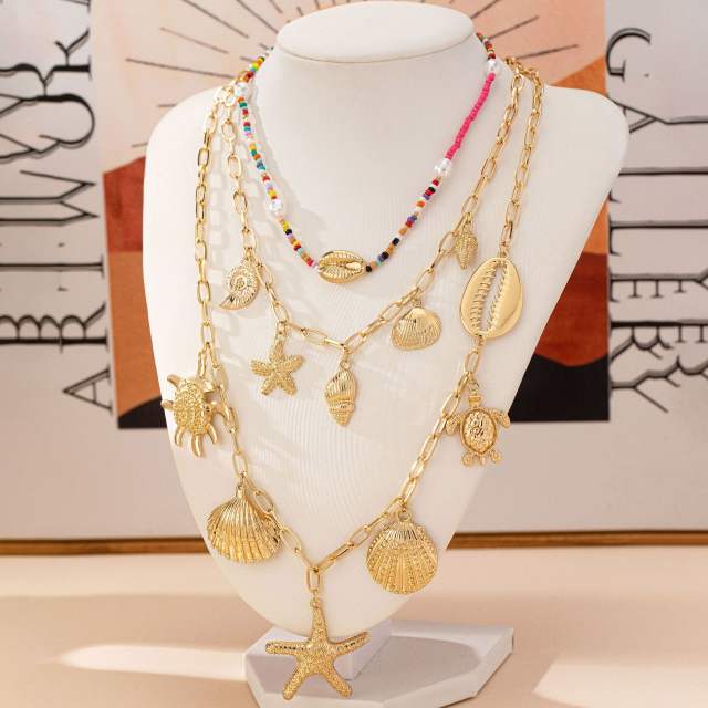 Boho three layer ocean series alloy charm necklace set