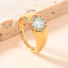 Simple stainless steel ring hexagonal inlaid diamond rings