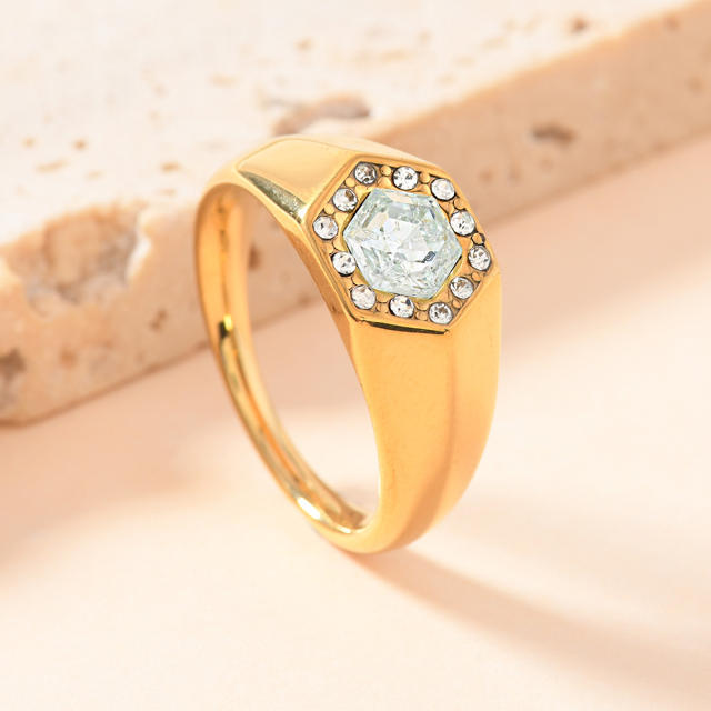 Simple stainless steel ring hexagonal inlaid diamond rings