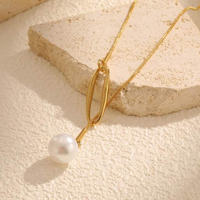 Hollow out geometric imitation pearl pendant lariat necklace stainless steel necklace