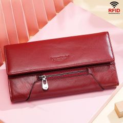 Long Genuine Leather Wallet for Women RFID Multi-Card Hand-Held Wallet