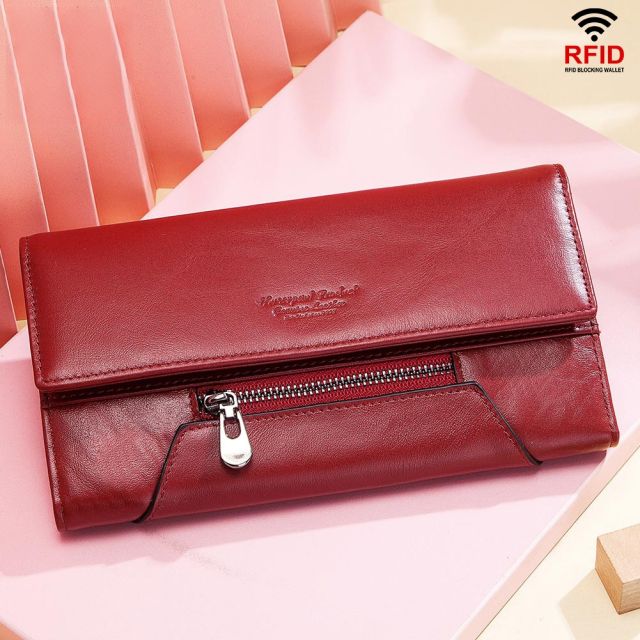 Long Genuine Leather Wallet for Women RFID Multi-Card Hand-Held Wallet