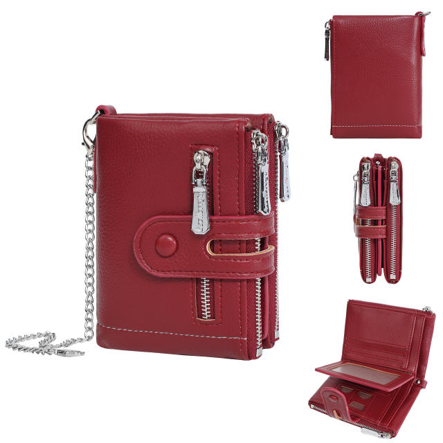 Ladies Wallet Multi-Card Slot Tri-Fold Multifunctional Zipper Coin Purse PU Leather wallet with chain