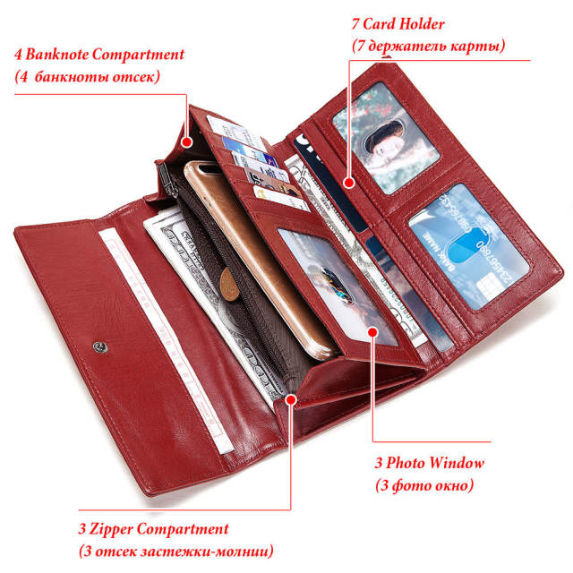 Long Genuine Leather Wallet for Women RFID Multi-Card Hand-Held Wallet