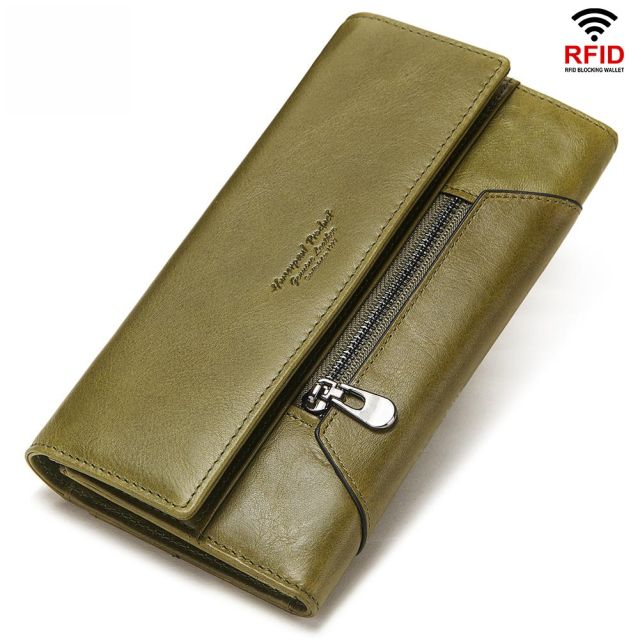 Long Genuine Leather Wallet for Women RFID Multi-Card Hand-Held Wallet
