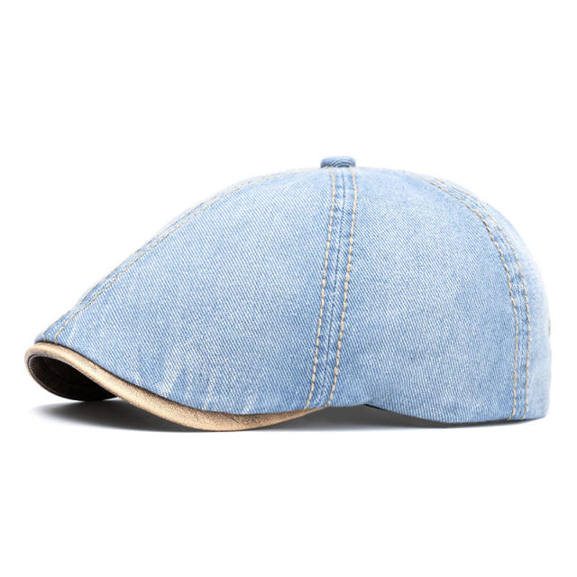 Amazon New Washed Denim Hat Men's Light Plate Forward Cap British Cap Women's Beret Octagonal Cap