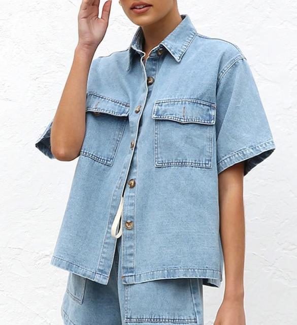 European American Casual Loose Pocket Short-sleeved Shirt Shorts Denim Two-piece Suit