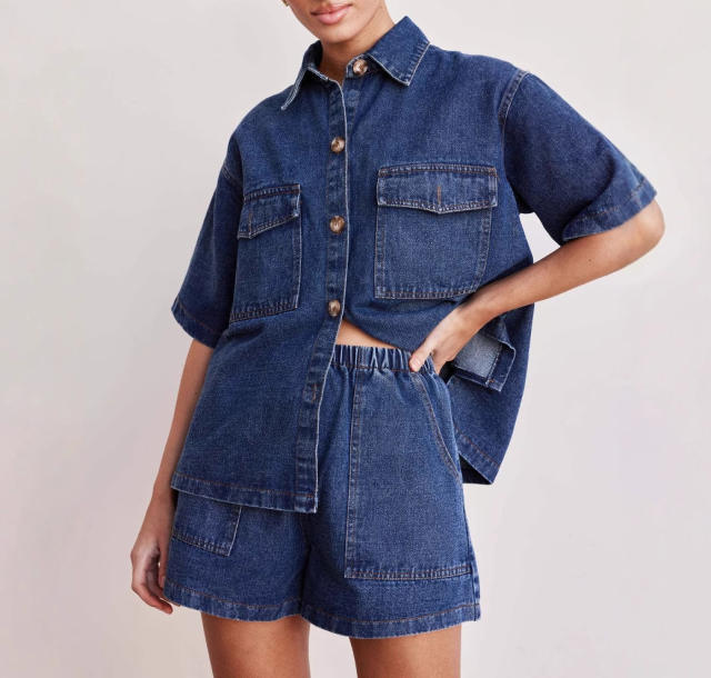 European American Casual Loose Pocket Short-sleeved Shirt Shorts Denim Two-piece Suit