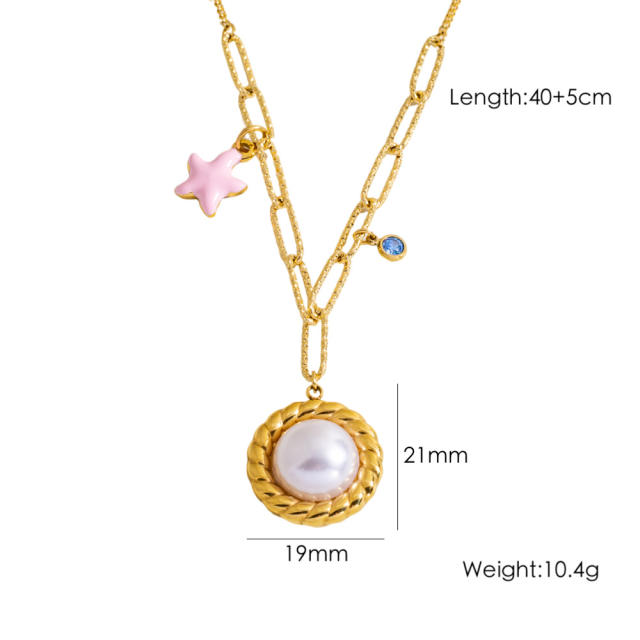 French trend natual stone pearl pendant stainless steel necklace