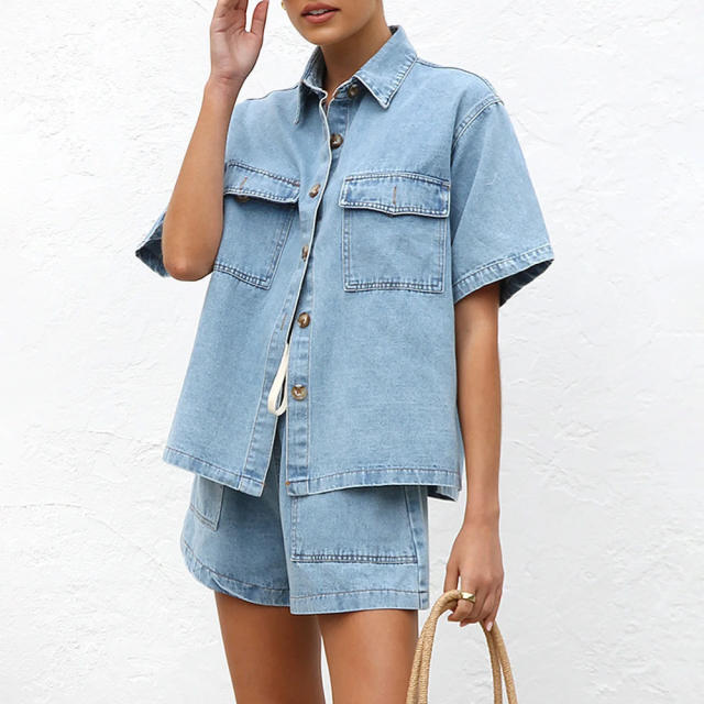 European American Casual Loose Pocket Short-sleeved Shirt Shorts Denim Two-piece Suit