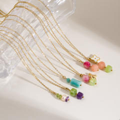 Spring smmer colorful natural stone bead pendant stainless steel necklace