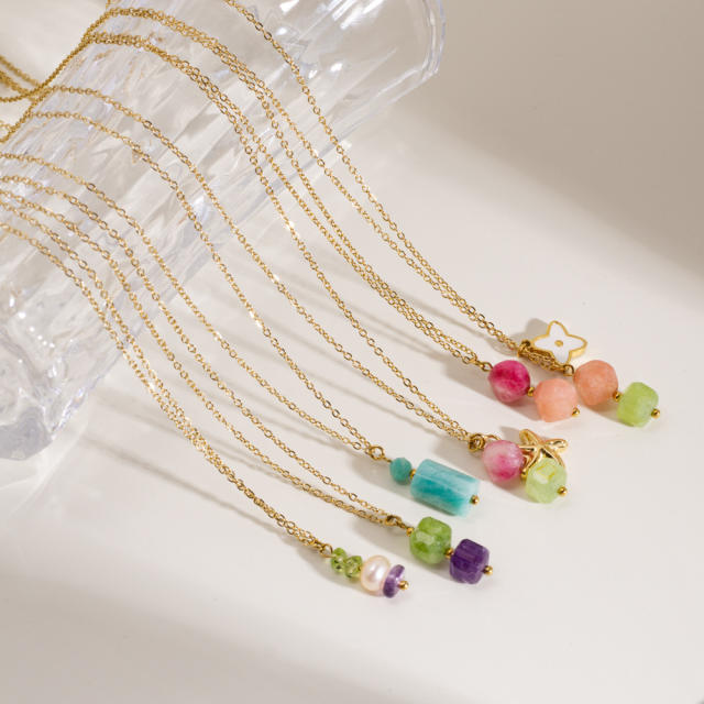 Spring smmer colorful natural stone bead pendant stainless steel necklace