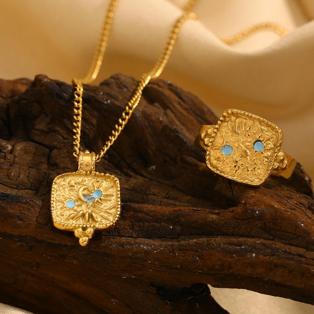 Elegant hammer pattern enamel sun moon stainless steel necklace rings suit