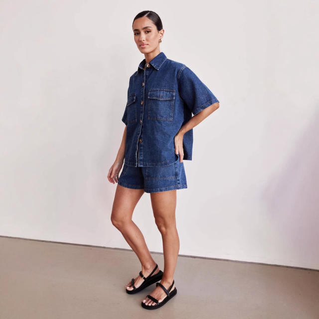 European American Casual Loose Pocket Short-sleeved Shirt Shorts Denim Two-piece Suit