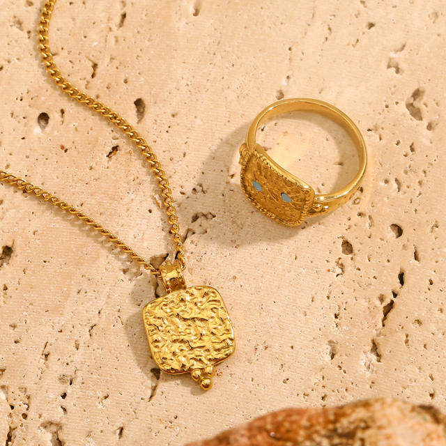 Elegant hammer pattern enamel sun moon stainless steel necklace rings suit