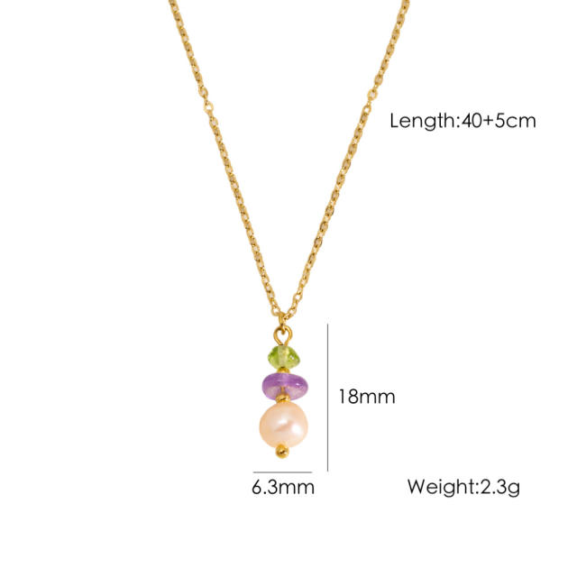 Spring smmer colorful natural stone bead pendant stainless steel necklace