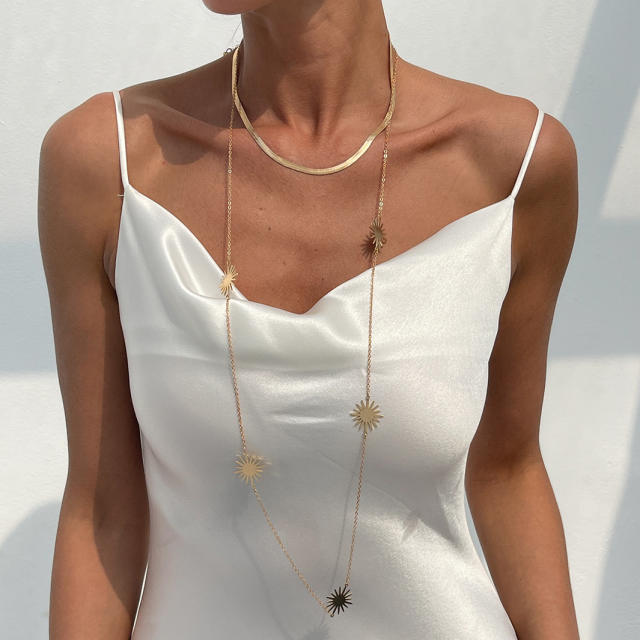 Simple snake chain sunflower long necklace set 2 layer necklace