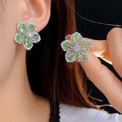 925 needle fresh green color flower copper earrings