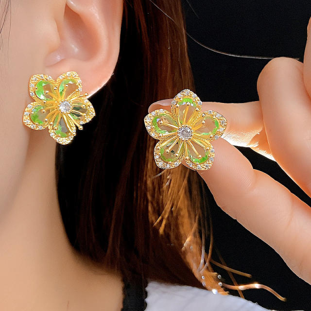 925 needle fresh green color flower copper earrings