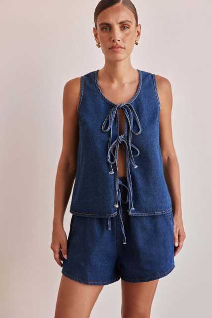 European American Summer Fashion Casual Sleeveless Lace-up High Waist Women's Vest Denim suit Shorts
