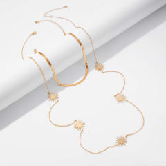 Simple snake chain sunflower long necklace set 2 layer necklace