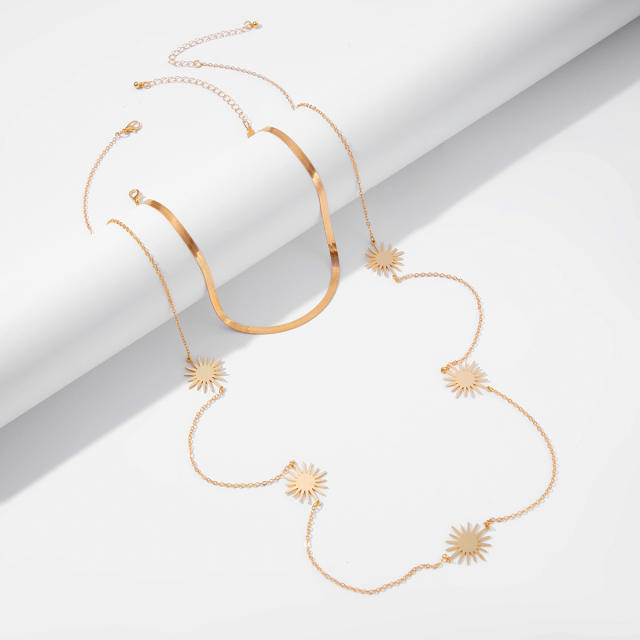 Simple snake chain sunflower long necklace set 2 layer necklace