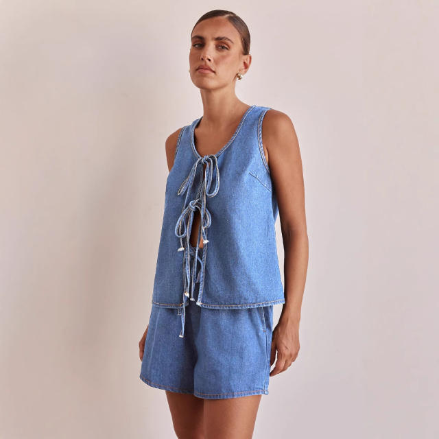 European American Summer Fashion Casual Sleeveless Lace-up High Waist Women's Vest Denim suit Shorts