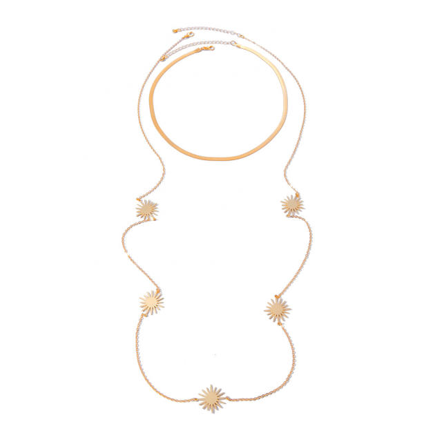 Simple snake chain sunflower long necklace set 2 layer necklace