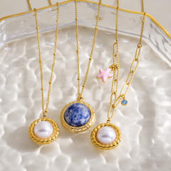 French trend natual stone pearl pendant stainless steel necklace