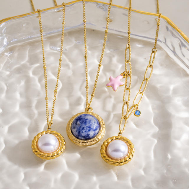 French trend natual stone pearl pendant stainless steel necklace