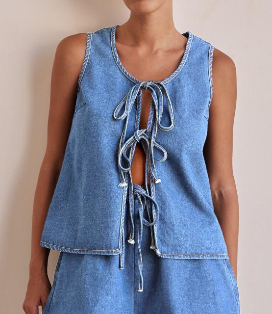 European American Summer Fashion Casual Sleeveless Lace-up High Waist Women's Vest Denim suit Shorts
