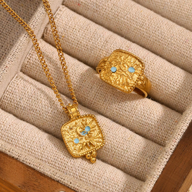 Elegant hammer pattern enamel sun moon stainless steel necklace rings suit
