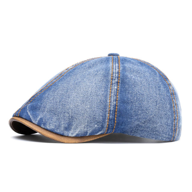 Amazon New Washed Denim Hat Men's Light Plate Forward Cap British Cap Women's Beret Octagonal Cap