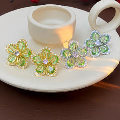 925 needle fresh green color flower copper earrings