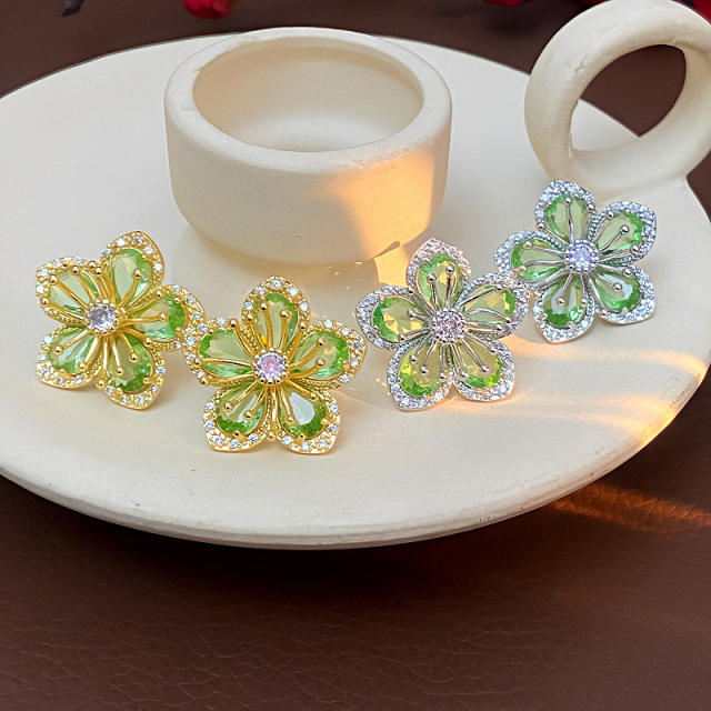 925 needle fresh green color flower copper earrings