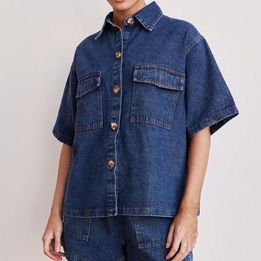 European American Casual Loose Pocket Short-sleeved Shirt Shorts Denim Two-piece Suit