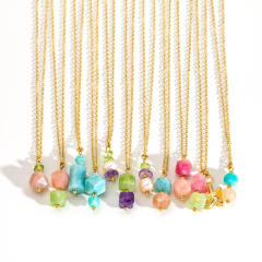 Spring smmer colorful natural stone bead pendant stainless steel necklace