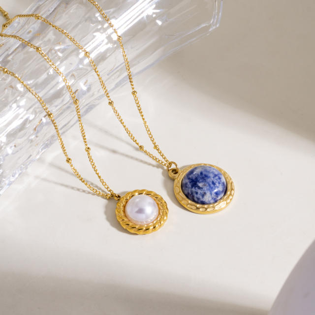 French trend natual stone pearl pendant stainless steel necklace